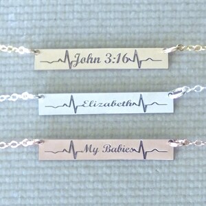Personalized Heartbeat Name Bar Necklace: Engraved Sterling Silver, 14K Gold