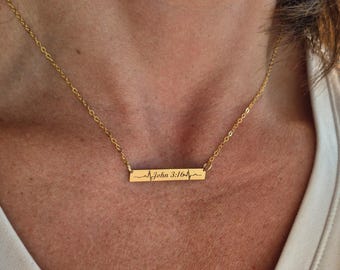 Collar con barra personalizada con nombre y latido del corazón: Plata de ley grabada, oro de 14 quilates