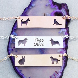 Custom Pet Silhouette Bar Necklace: Sterling Silver, Rose Gold, Two Pet Gift