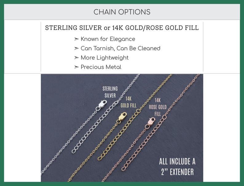 IvyByDesign Chain Options - Sterling Silver, 14K Gold Filled and 14K Rose Gold chains laid on dark gray stone showing their 2" extender chains