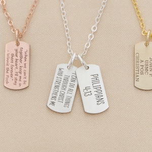 Military Dog Tag Necklace Life Mantra Necklace Wife Gift Tiny Quote Gift Spouse Necklace Personalized Book Quote Song Lyric Tiny Tag image 1