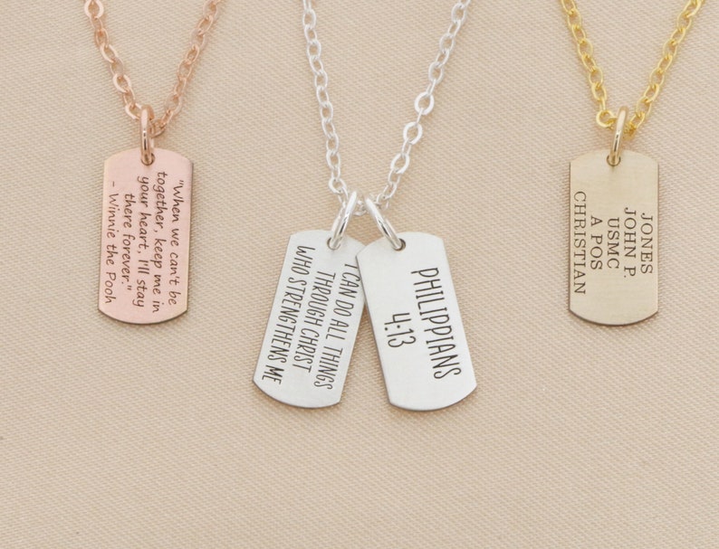 Military Dog Tag Necklace Life Mantra Necklace Wife Gift Tiny Quote Gift Spouse Necklace Personalized Book Quote Song Lyric Tiny Tag image 1