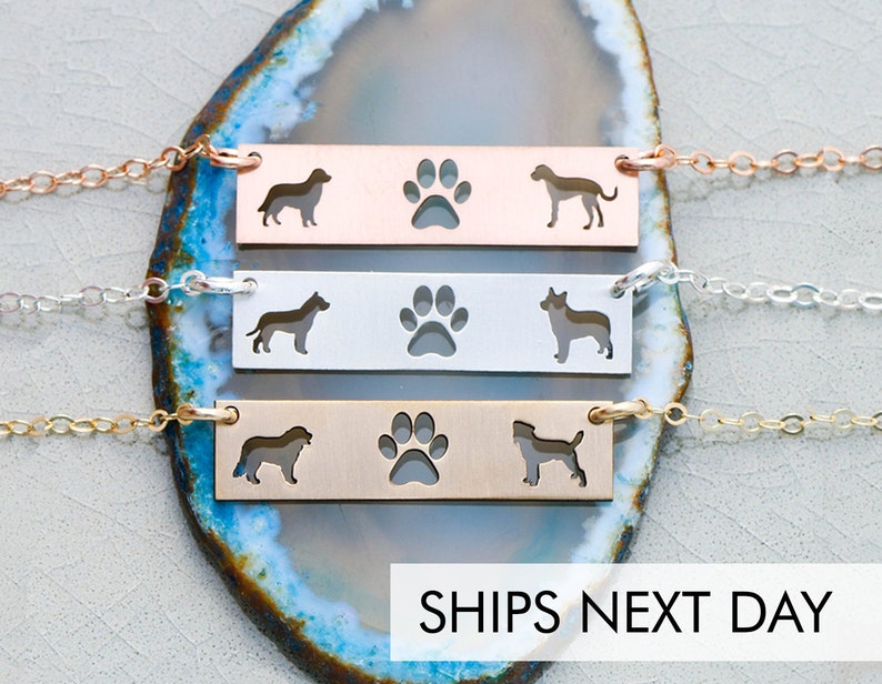 Personalized Pet Bar Jewelry Rose Gold Dog Bar Necklace Two Dogs Three Pets Pawprint Dog Lover Gift Custom Pet Lover Dog Breed image 1