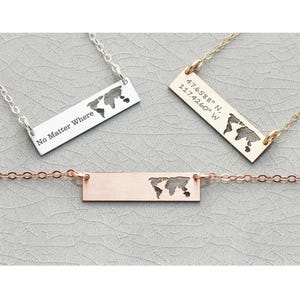Collier barre carte du monde • Cadeau de voyage Bijoux Wanderlust Voyageur du monde international • Cadeau Jour de la Terre Amour Collier Terre Mère Emplacement