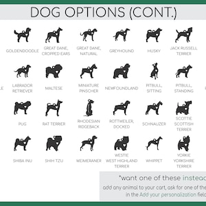 IvyByDesign dog options chart - tons of animals shapes from Golden Retriever to Yorkie.