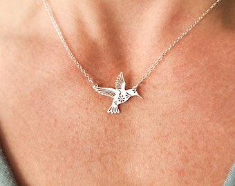 Hummingbird Necklace • Sterling Silver Bird Lover Charm Jewelry • Cutout Geometric Avian Hummer Gift • Intricate Outline Silhouette Winged