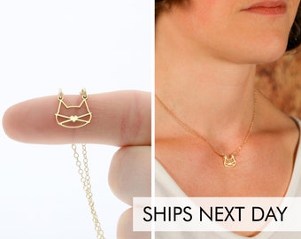 Cat Lover Gift • Tiny Cat Face Necklace • Little Kitty Charm • Gold Geometric Cat Mom Gift • Minimalist Pet Lover Gift Feline Outline