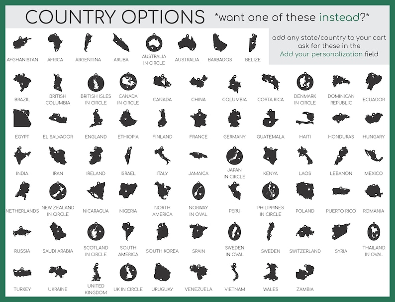 IvyByDesign country options chart - tons of country shapes from Afghanistan to Zambia.