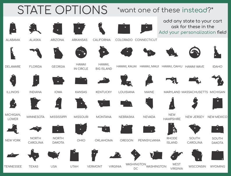 IvyByDesign state options chart – all 50 state outline shapes from Alabama to Wyoming.