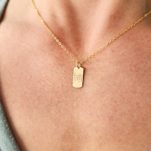 Military Dog Tag Necklace • Custom Mantra Quote • Military Wife Gift Small Minimal Gift • Deployment Personalized Jewelry Gold