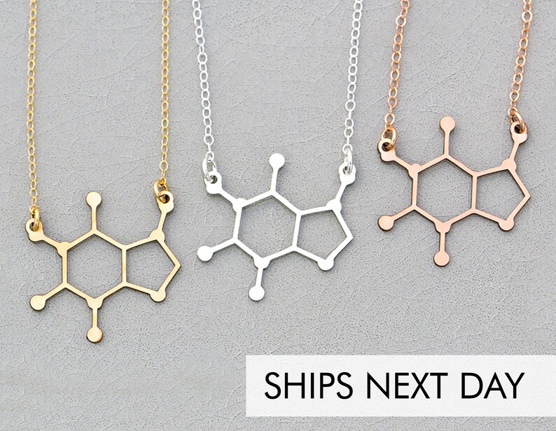 Caffeine Molecule Coffee Gift Caffeine Necklace Barista Gift Coffee Lover Necklace Coffee Science Gift Teacher Physics Mother's Day Gift image 1