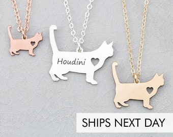 Kitty Necklace • Cat Jewelry Kitty Lover Gift • Cat Outline • Personalized Cat Lover Gift • Sterling Silver Cat Name Charm Feline New Kitty