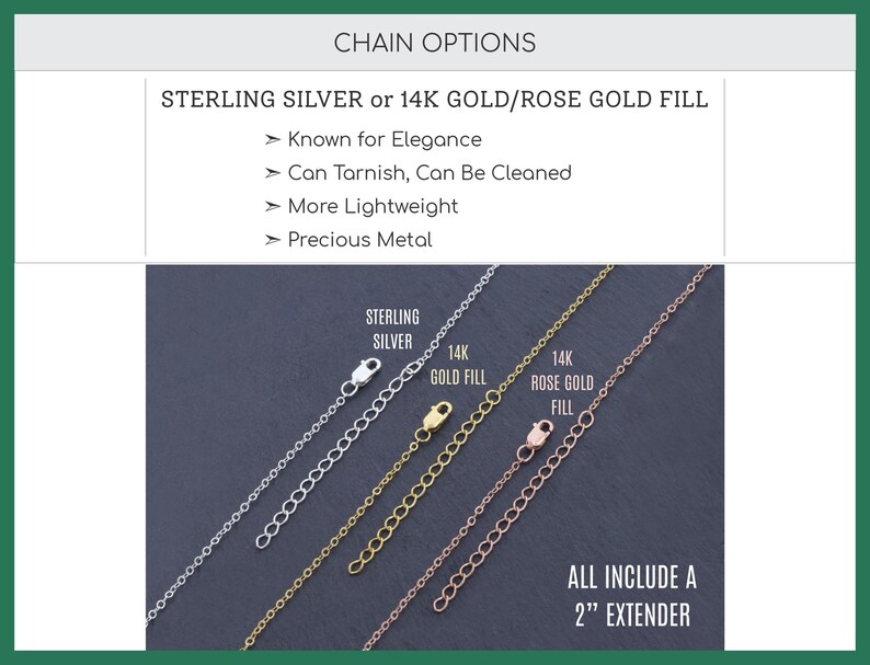 IvyByDesign Chain Options - Sterling Silver, 14K Gold Filled and 14K Rose Gold chains laid on dark gray stone showing their 2" extender chains