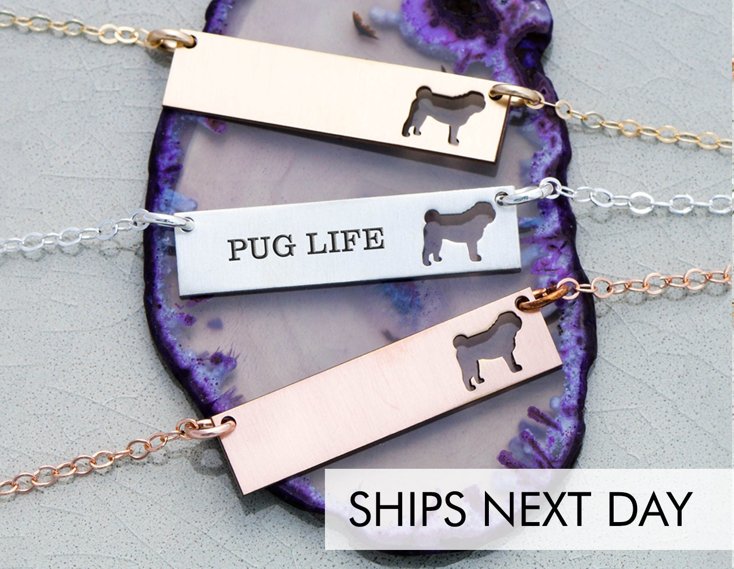 Pug Dog Bar Necklace Pug Custom Silver 