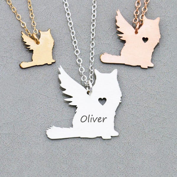 Personalized Cat Memorial Necklace: Sterling Silver Angel Kitty Loss Gift