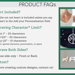 Product faqs sheet explaining engraving character limits, both sides engraving, and that we take custom orders