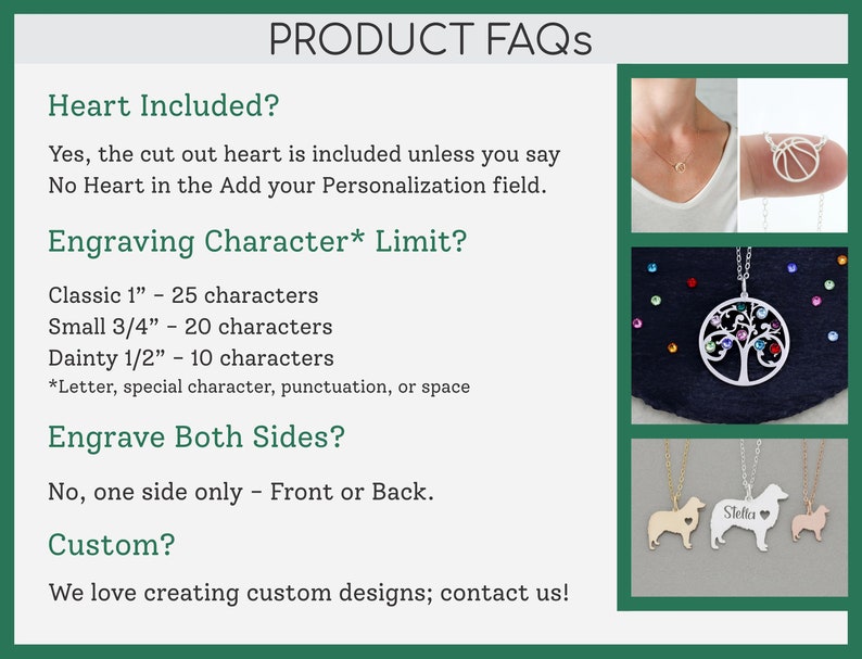 Product faqs sheet explaining engraving character limits, both sides engraving, and that we take custom orders