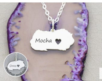 Puede incluir: Collar de plata con un colgante con forma de cobaya. El colgante tiene el nombre "Mocha" grabado y un corazón recortado.