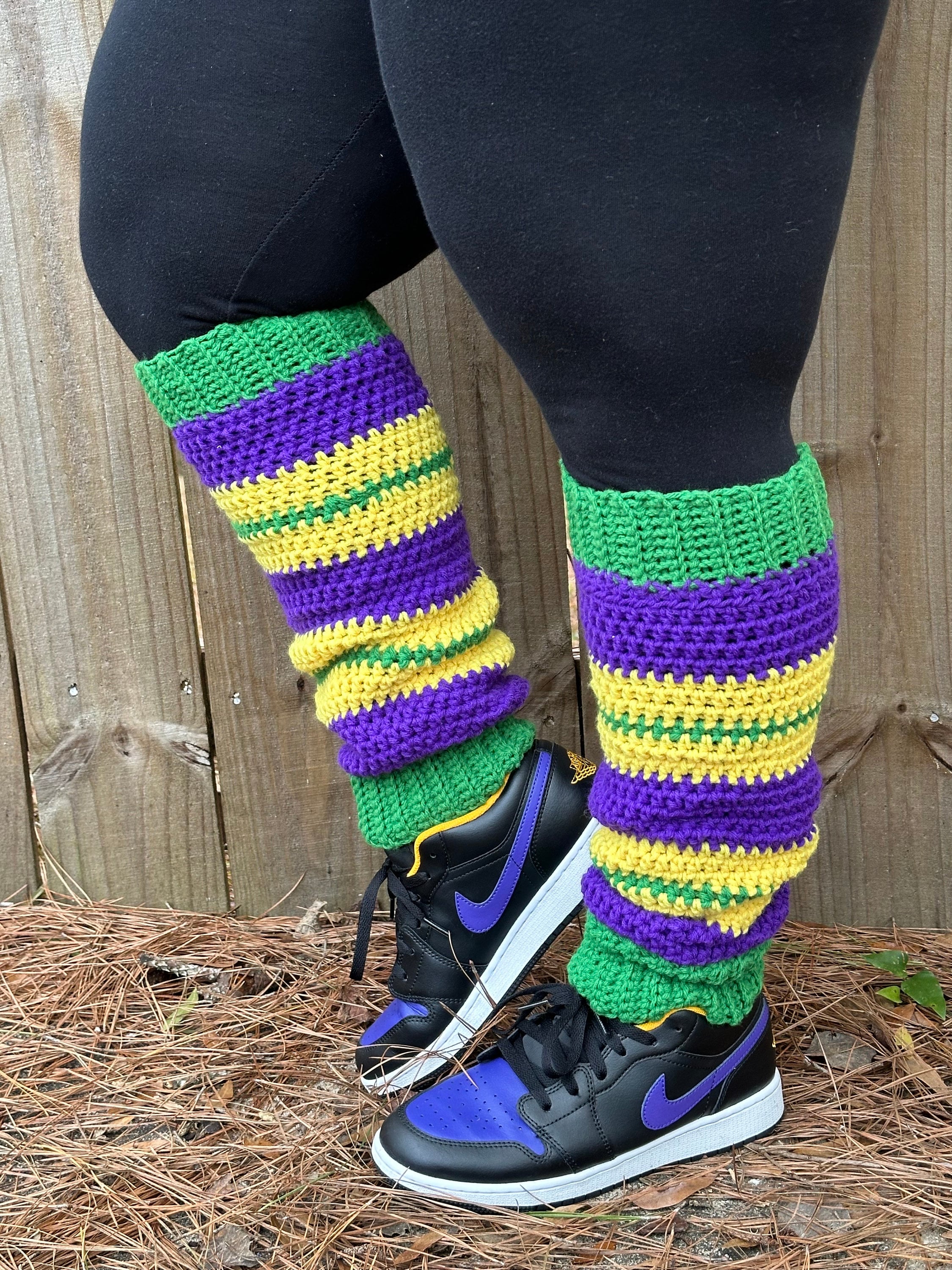 fluffy mardi gras leg warmers