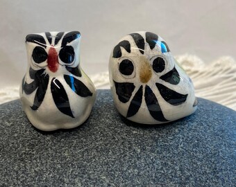 Hand painted floral Mexican folk art pottery Owl pair