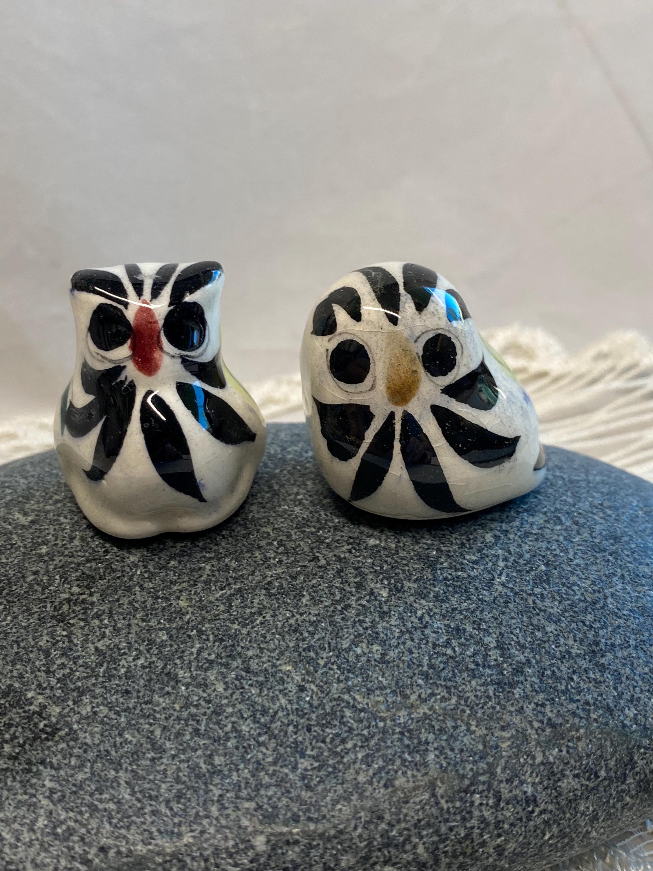 Hand painted floral Mexican folk art pottery Owl pair