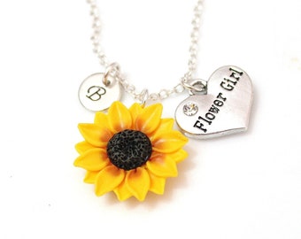 Sunflower Necklace, Yellow Pendant, Personalized Initial Disc Necklace, Bridesmaid Necklace, Flower Girl Necklace, Sunflower Flower
