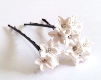 Small White flower Hair Clips. White Wedding flower. Hair Accessory. Wedding Hair Pins. Bridal. Set