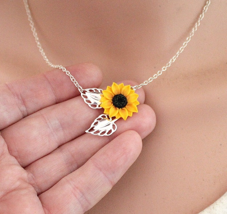 Sunflower Necklace Yellow Pendant Leaf Necklace Bridesmaid Etsy
