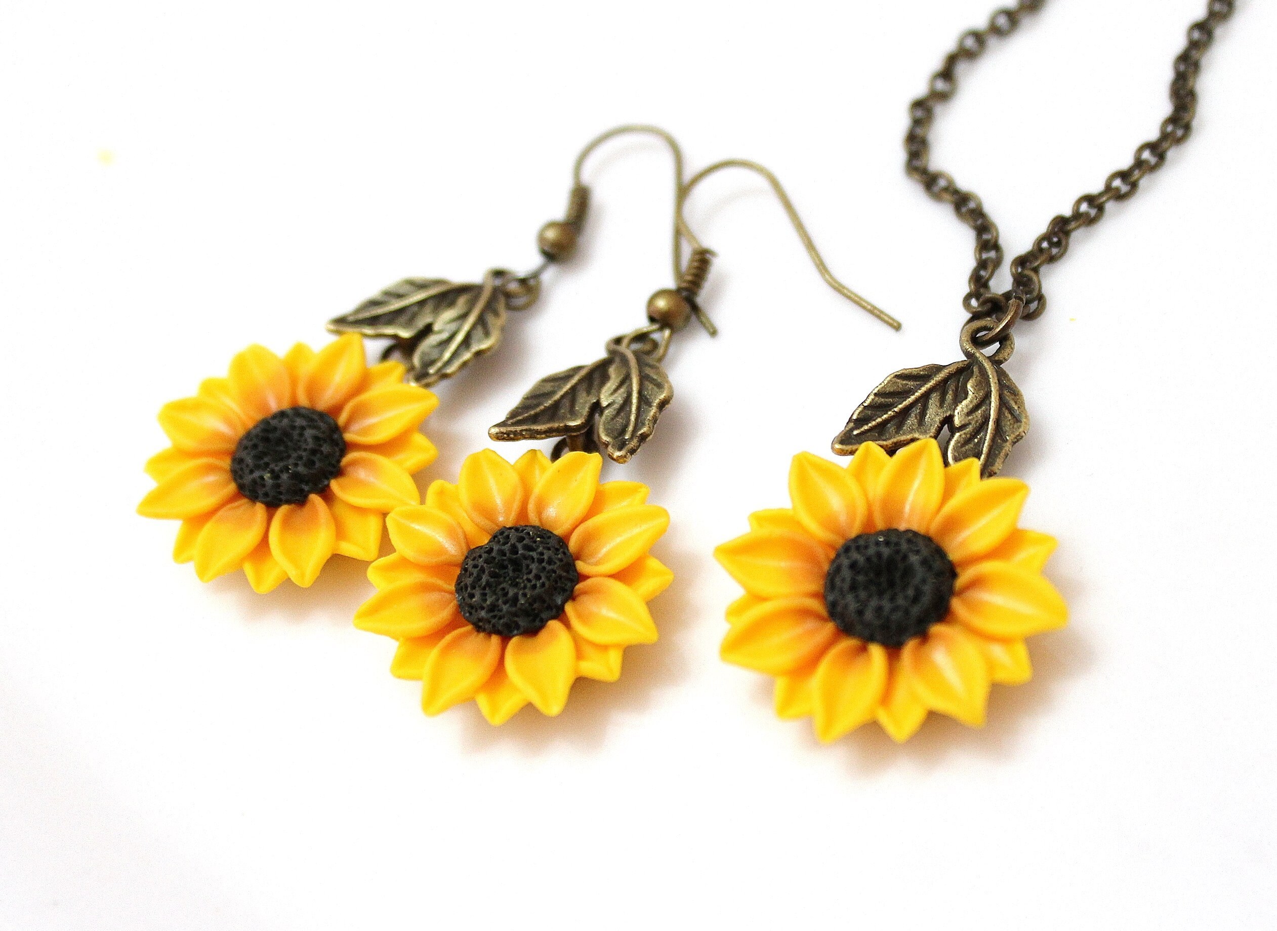 SET Sunflower Necklace and Earrings Sunflower Jewelry Etsy