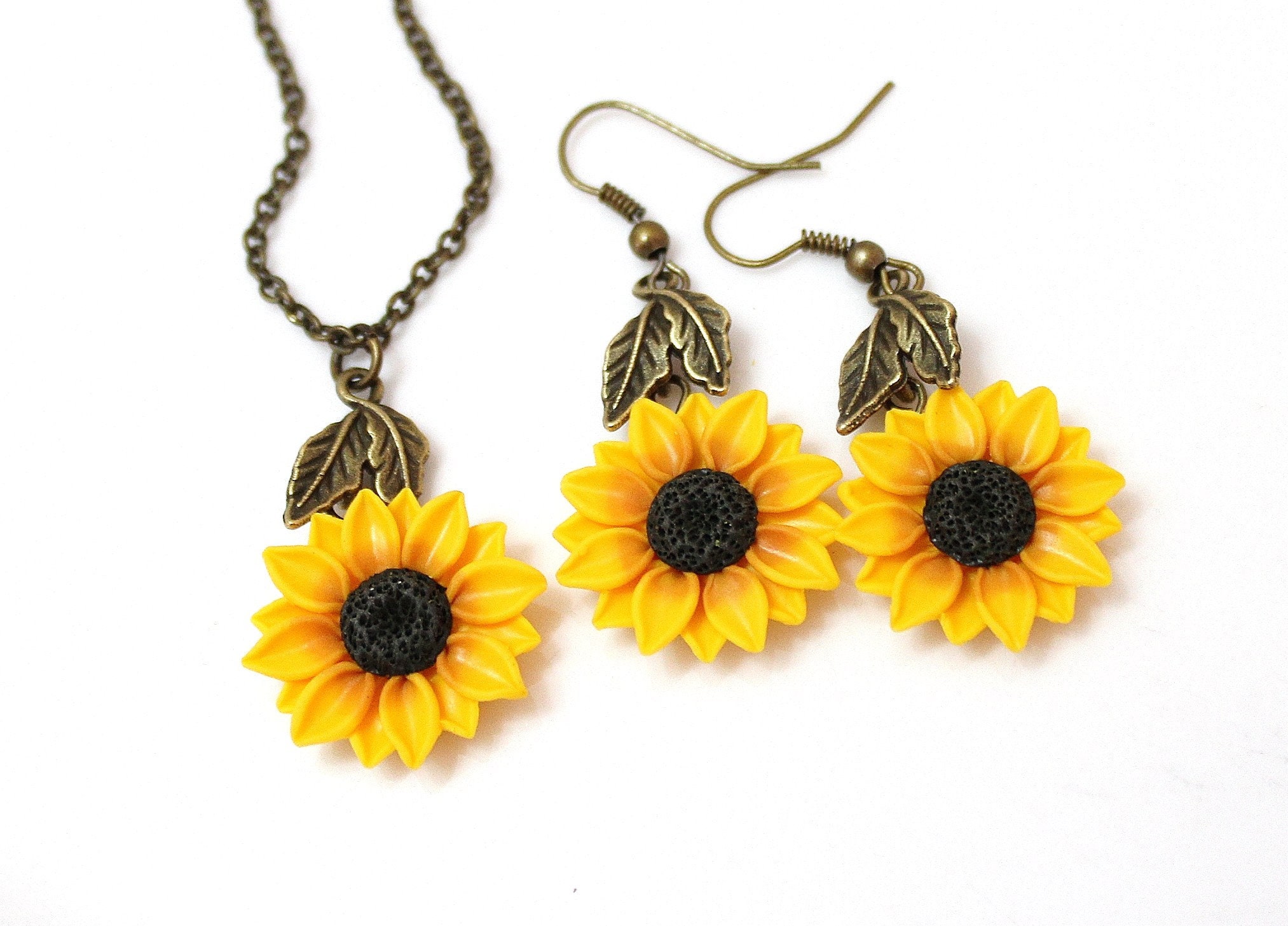 SET Sunflower Necklace and Earrings Sunflower Jewelry Etsy