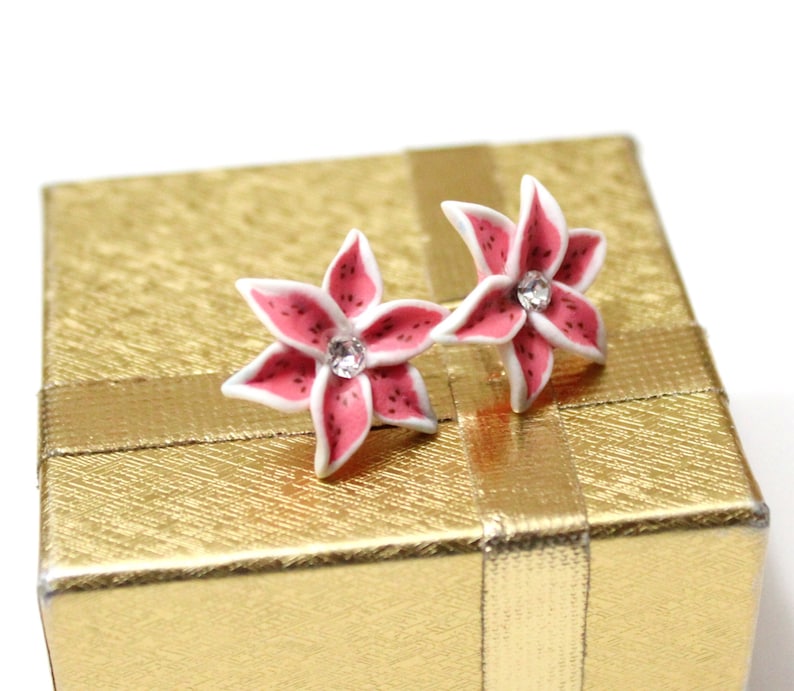Pink Lily Stud Earrings Pink Wedding Small Flower Stud Earrings Lily Jewelry Stargazer lily Tiger Lily Earrings Bridesmaids Earrings