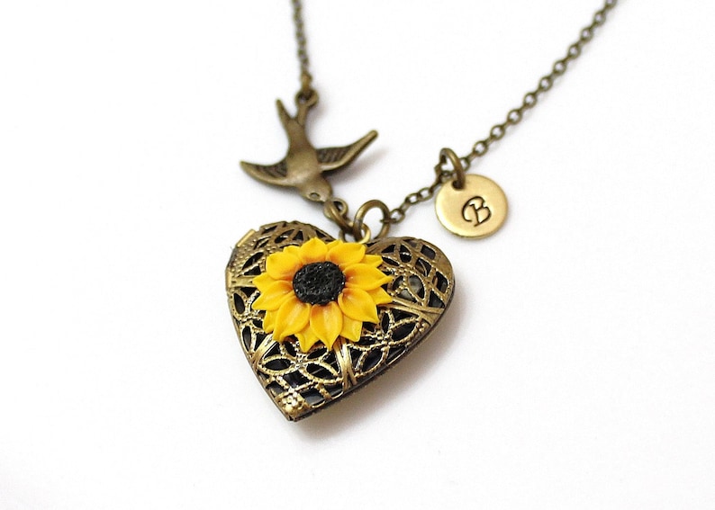 Sunflower Heart Bird Locket Necklace Personalized Initial Etsy