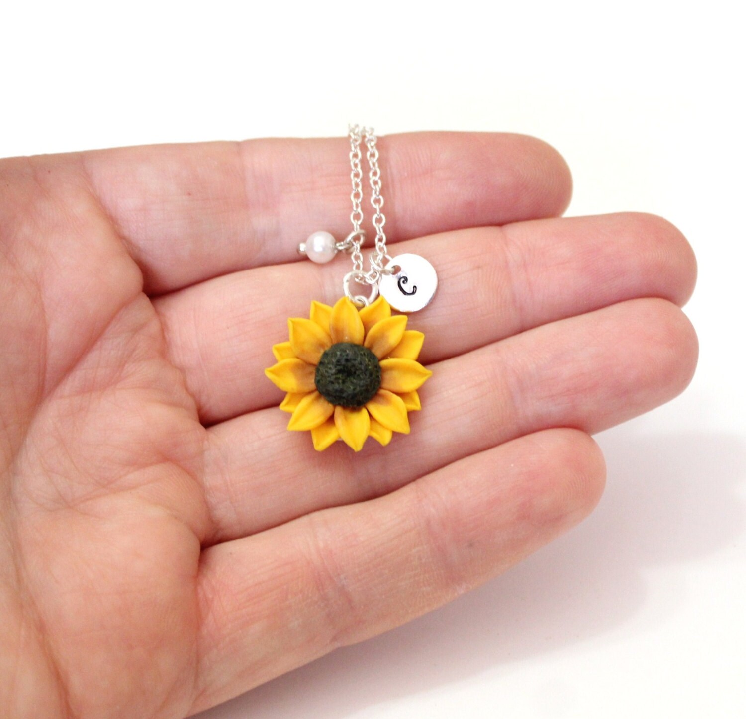 Sunflower Necklace Yellow Pendant Personalized Initial Disc Etsy