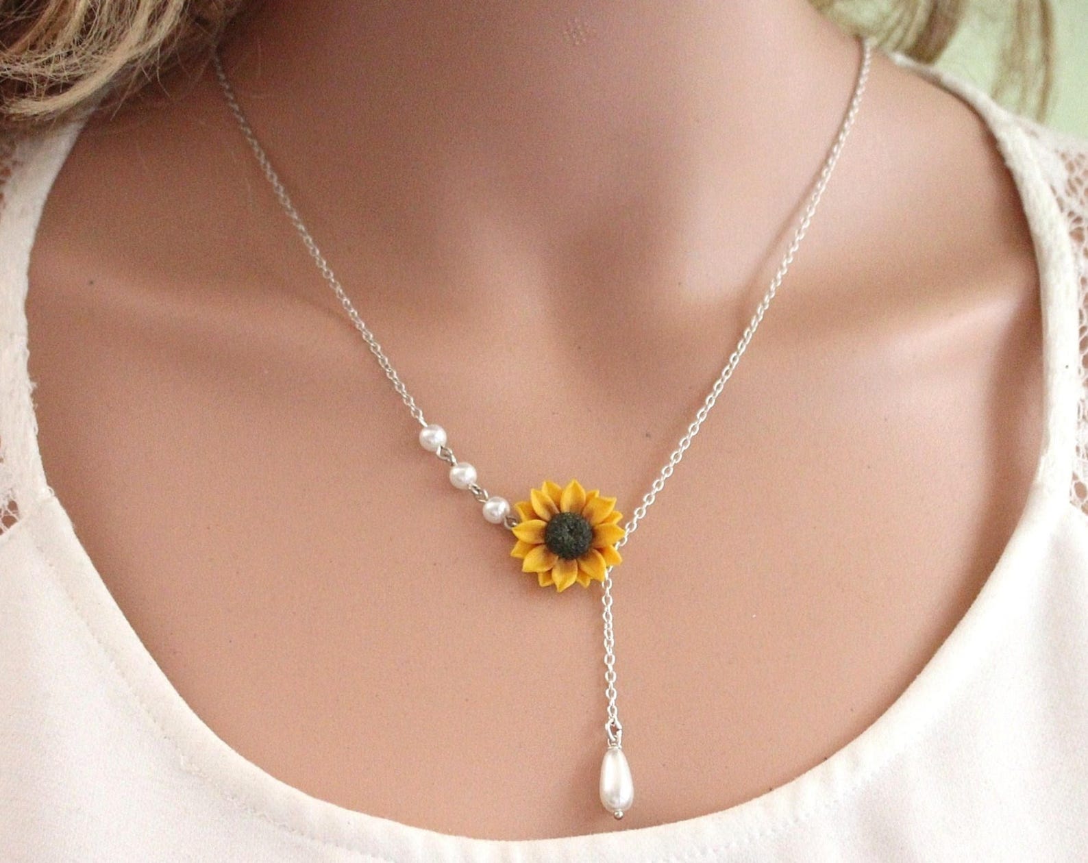 Sunflower Lariat Necklace Yellow Sunflower Bridesmaid Etsy Israel