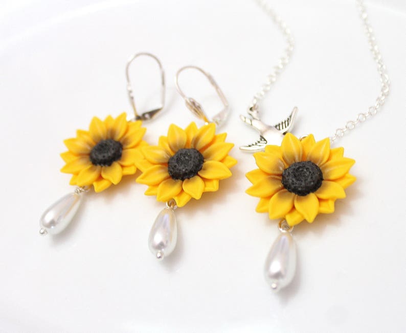 Wedding Sunflower Jewelry Set Necklace and Earrings Etsy