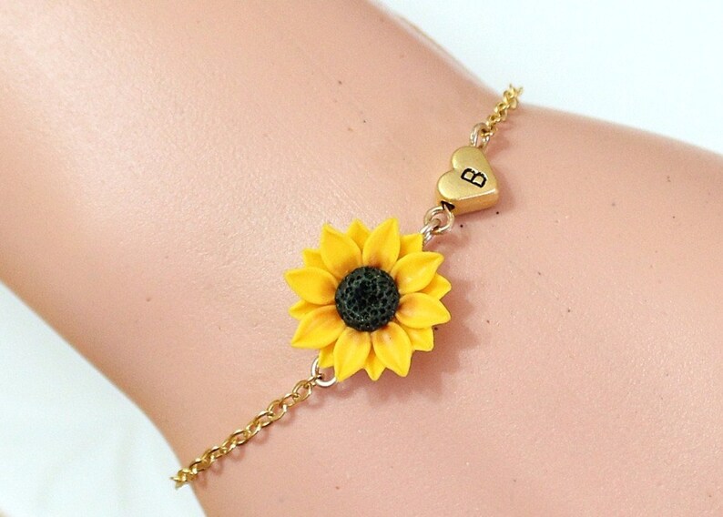 Sunflower Bracelet Heart Bracelet Personalized Gold Heart Etsy