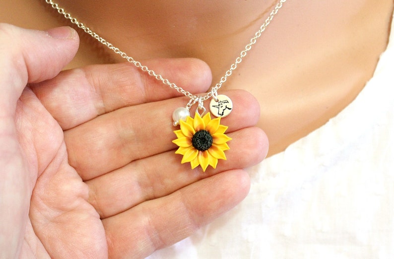 Sunflower Necklace Personalized Initial Disc Necklace Etsy