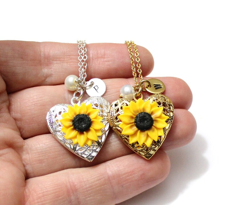 Sunflower heart locket necklace personalized initial disc  etsy Sunflower heart locket necklace personalized initial disc  etsy