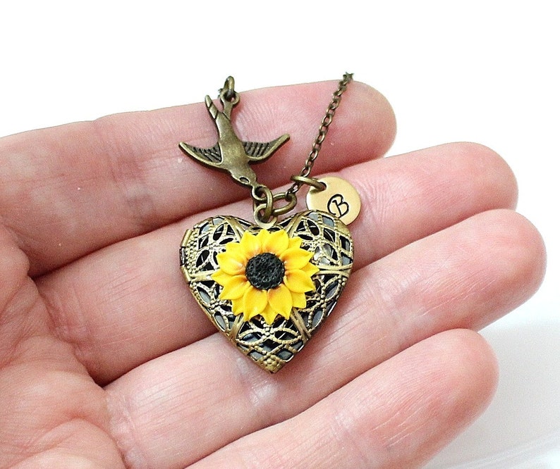 Sunflower Heart Bird Locket Necklace Personalized Initial Etsy