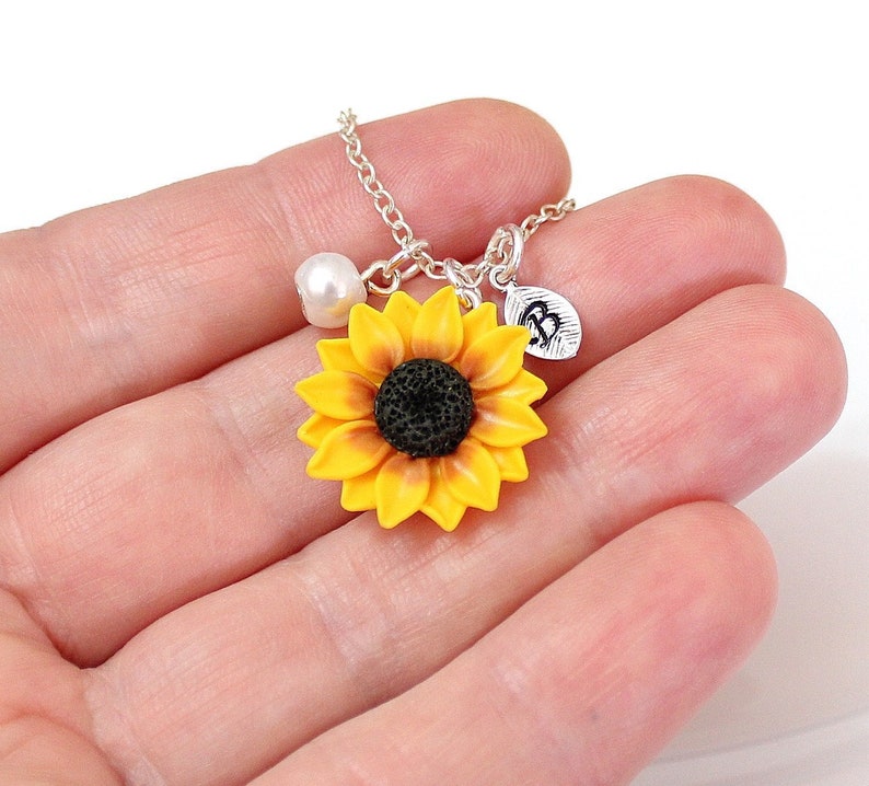 Sunflower Necklace Yellow Pendant Personalized Initial Leaf Etsy
