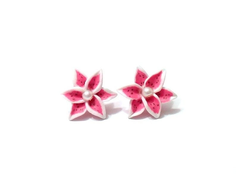 Pink Lily Stud Earrings Pink Wedding Small Flower Stud Earrings Lily Jewelry Stargazer lily Tiger Lily Earrings Bridesmaids Earrings