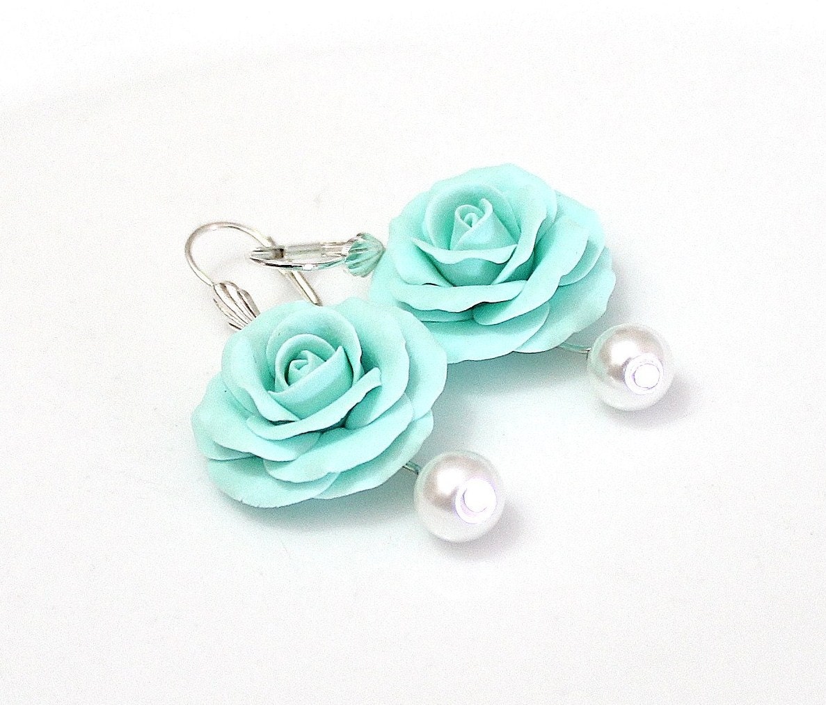Mint Rose Drop Earrings Mint flower drop Earrings and pearl Etsy