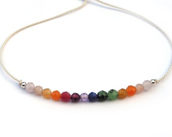 Rainbow gemstone bracelet in delicate silk BIG - Various semi-precious stone beads with pearls made of 925 silver on silk ribbon