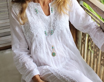 White  long cotton dress with full hand embroidery, kundalini yoga clothing, resort wear , exclusive white loungewear , white tunica, kaftan