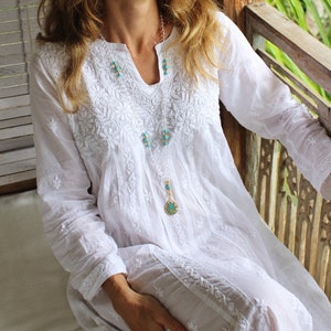 White  long cotton dress with full hand embroidery, kundalini yoga clothing, resort wear , exclusive white loungewear , white tunica, kaftan