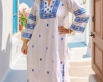 White cotton tunic from Ibiza, boho blouse ,white  blue dress,  beach wear , resortwear, yoga retreat clothing, plus size blue  embroidery