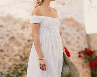 Abito bianco lungo Ibiza ideale per il matrimonio boho, abito di cotone naturale bianco elastico taglia unica, beachwear, lounge wear, abito bianco gravidanza