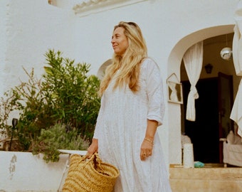 Abito lungo in cotone bianco boho Ibiza con ricamo a mano, abito da sposa da spiaggia