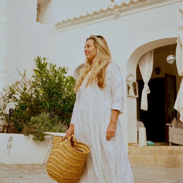 Ibiza boho white long cotton dress with  full hand embroidery, beach wedding dress