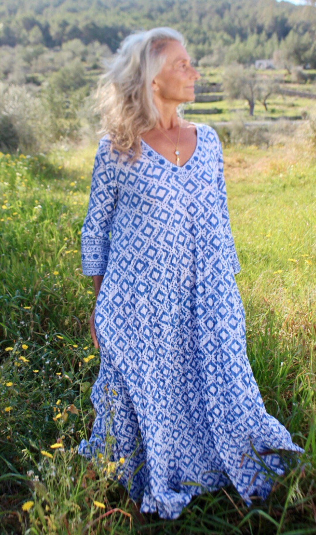 Long Cotton Boho Dress with Lace Detail - Blue main image 1